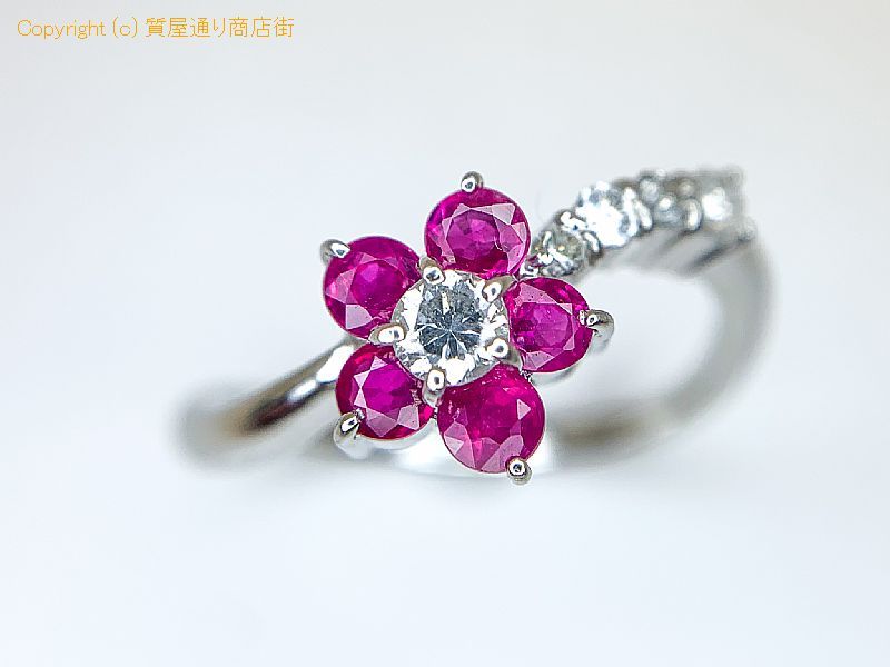 Pt900 プラチナ ルビー ダイヤ 花モチーフ リング R0 50 指輪 11号 質屋通り商店街 78 St Pt900 プラチナ ルビー ダイヤ 花モチーフ リング R0 50 指輪 11号 質屋通り商店街 78 St
